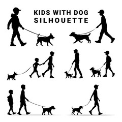 Naklejka premium set of young boy walking dog out door, vector silhouette for pet play and outdoor fun with kids and puppies in backyard adventure