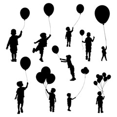 young boys, kids, or children holding and playing with balloons silhouette. Birthday party, cake, present, gift isolated in white.