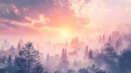 A tranquil sunrise over a misty forest, with delicate clouds drifting through the trees.