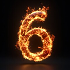 3D number 6 with fire texture realistic modern design, soft lighting, black background.
