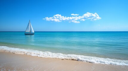 Obraz premium A sailboat with white sails glides across a tranquil blue sea on a sunny day with a sandy beach in the foreground.