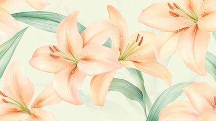 Fototapeta premium Subtle watercolor lilies in soft pastel peach and mint green, seamless floral design with elegant simplicity