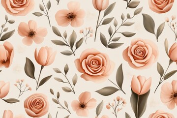 Watercolor roses and tulips in soft pastel peach and ivory, seamless pattern with delicate brushstrokes