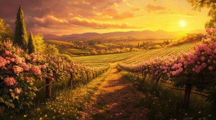 Naklejka premium Vineyard Sunset Landscape with a Winding Path