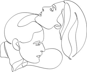 Continuous line drawing of kissing man and woman. Logo, icon, banner. Hand drawn vector illustration.