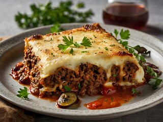Delicious traditional Greek moussaka with beef mince, eggplant and bechamel sauce