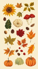 Watercolor of autumn elements set with Pumpkins,maple leaves,mushrooms,sunflower,Collection autumn seasonal holidays design,Thanksgiving,Halloween,Handmade art,party posters,decorate your artwork.