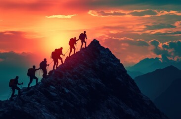 Silhouette of a team helping each other reach the top of a mountain