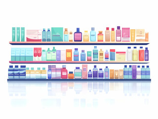 Flat Glossy Background with Product Display Shelves: Stylish Vector Design for Retail Promotions Showcasing Product Variety and Availability