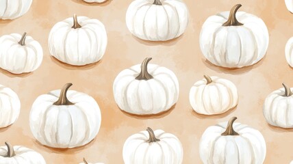 Watercolor of White Pumpkins set,Watercolor hand-drawn illustration, design great for your compositions or decorate with your artwork,Collection white pumpkin in autumn season,copy space.