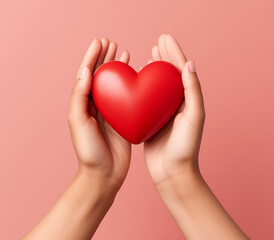 Hands holding a red heart, Asymmetrical off-center frame, Princesscore design with soft elegance, Duckcore humor with playful undertones