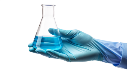 Scientist with gloved hand holding test tube filled with blue liquid in laboratory