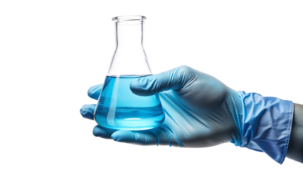 Scientist with gloved hand holding test tube filled with blue liquid in laboratory
