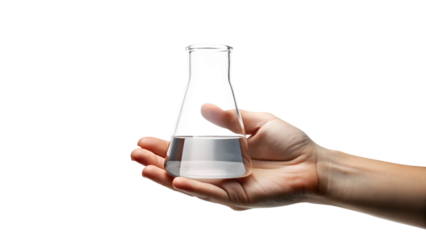 Close-up of a hand holding a test tube, isolated on white background