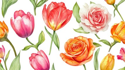 Watercolor colorful tulips and rose pattern and seamless background,watercolor spring tulip flowers. Stock illustration,beautiful floral set,cute illustration print fabric,abstract wallpaper.