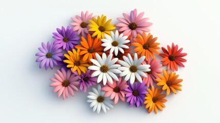 Obraz premium Vibrant 3D Render of Colorful Daisy Cluster on White Background with 45-Degree Inclination