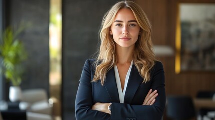 Fototapeta premium Businesswoman standing confidently in a modern office, dressed in a sleek suit and looking directly at the camera