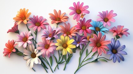 Fototapeta premium Vivid 3D Render of Colorful Daisies on White Background at 45-Degree Angle