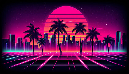 Fototapeta premium Neon city scene with silhouettes of palm trees against sunset, done in retro 80s style with bright pink and purple tones