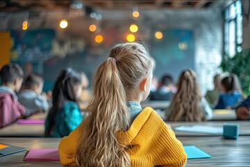Young girl in classroom paying attention to lesson