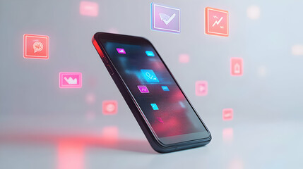 3D Phone with Holographic Financial Icons: Sleek Smartphone on Glossy Surface, Minimalistic Design for Tech & Finance Promotions