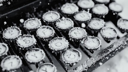 A vintage typewriter with snowflakes resting on the keys, capturing a unique blend of nostalgia and winter beauty.