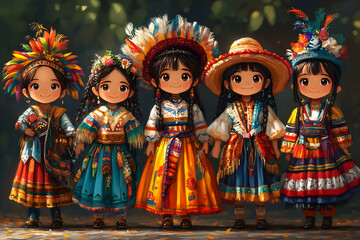 Five adorable girls in traditional Mexican dresses, all with bright smiles and colorful outfits.