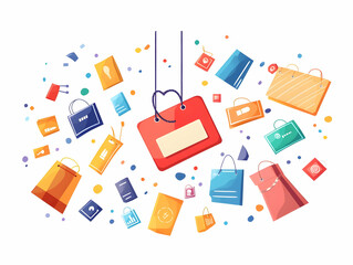 Flat Levitating Price Tag Design with Promotion Icons, Ideal for E-commerce and Retail Marketing, Emphasizing Discounts and Special Offers in a Clean Vector Style