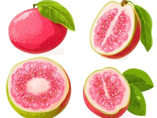 Pomegranate fruit illustrated with four stages of slicing, showing the juicy arils and health benefits.