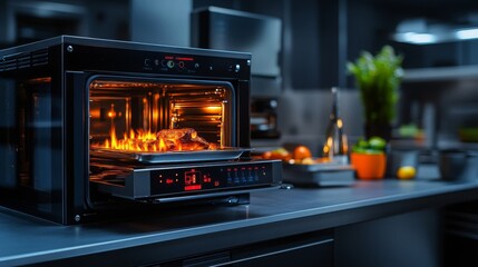 Modern Oven with Roasted Meat and Flames
