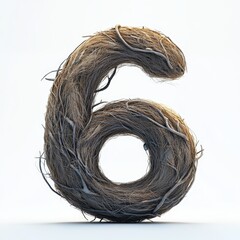 3D number 6 with nest texture realistic modern design, soft lighting, white background. 