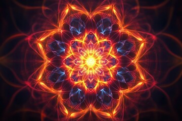 A mandala design made of colorful, glowing lines, radiating energy