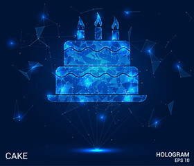 Hologram cake. Cake made of polygons, triangles, dots, and lines. Low-poly cake structure of connections. Technology concept vector.