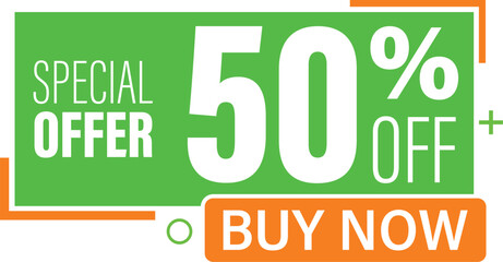Naklejka premium Special Offer 50% Off shop now, Buy Now banner template design with white background, featuring shapes perfect for promotional sales, discounts, and retail advertising.