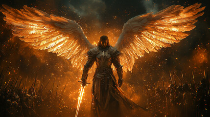 golden-winged male angel standing with a flaming sword in radiant armor before an army on the battlefield
