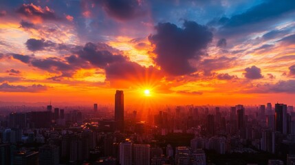 Dramatic Sunset Over City Skyline with Skyscrapers and Clouds