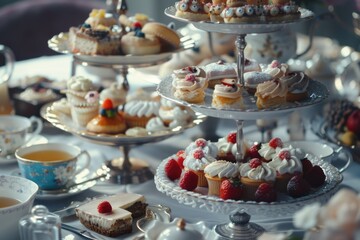Naklejka premium The most exquisite dessert spread, featuring an array of cakes and pies, with attention to detail that suggests royalty or a grand celebration.