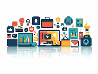 Flat Glossy Background with Vibrant Digital Marketing Icons & Devices - Eye-Catching Vector Illustration for E-commerce & Advertising Promotions