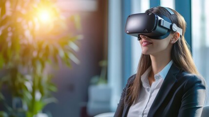 Businesswoman attending a virtual reality networking event