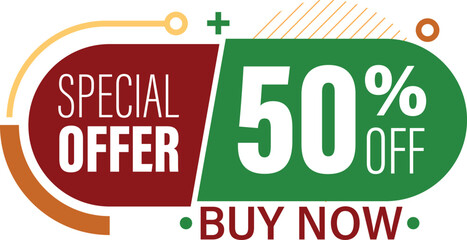 Special Offer 50% Off shop now, Buy Now banner template design with white background, featuring shapes perfect for promotional sales, discounts, and retail advertising.