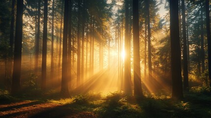 Fototapeta premium Sunbeams Through Misty Forest Trees