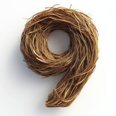 3D number 9 with nest texture realistic modern design, soft lighting, white background.
