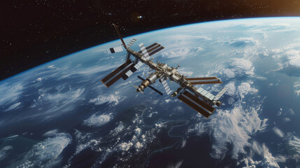 Obraz premium A massive spaceship floats serenely in space above the Earth