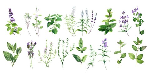 A collection of illustrated herbs, wildflowers and plants in various colors and species.
