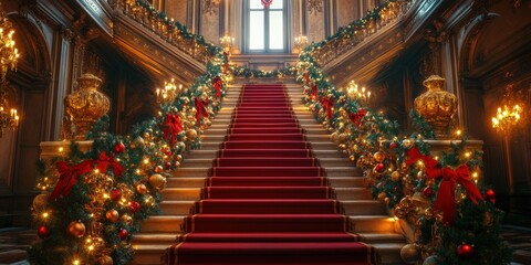 Fototapeta premium Opulent Grand Christmas Staircase with Elegant Holiday Decorations