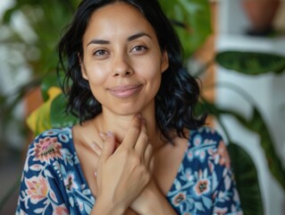 Female with relaxed expression, touching her chest