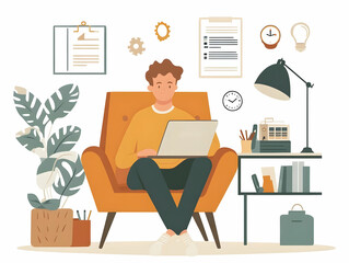 Flat Candid Home Office Work: Freelancer Managing Finances with Laptop in Warm Natural Setting - Authentic Workspace Illustration