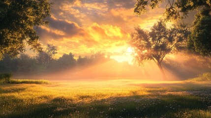 Obraz premium Golden Sunset Rays Through Trees and Meadow
