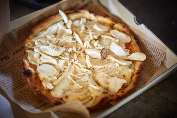 Homemade mushroom pizza.