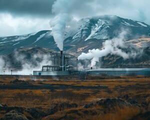 Industrial Landscape with Geothermal Power Plant
